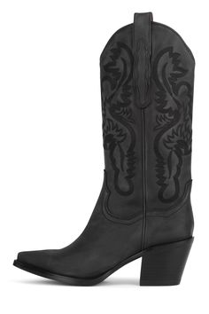 Mid-calf western heeled boot. Fits true to size Measurements taken from size 7 2.5" heel 12" shaft, 14" leg opening Leather upper, leather lining, synthetic sole Black Boots Cowboy, Cowboy Boots Heels, Black Cowboy Boots Women, Heeled Cowboy Boots, Cowboy Boots Black, Black Western Boots, Black Cowgirl Boots, Jeffrey Campbell Boots, Boot Fits