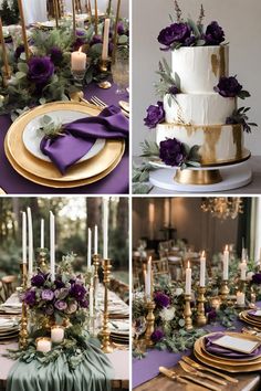 wedding cake with purple flowers and greenery on the top, gold plated place settings