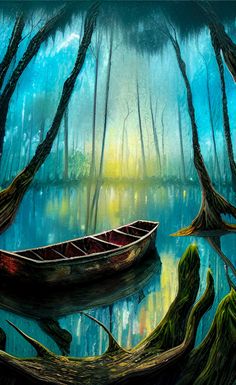 a painting of a boat floating in the middle of a swampy area with trees