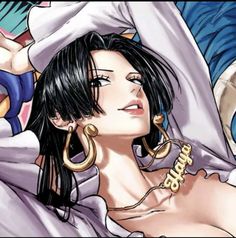 a woman with large hoop earrings laying on top of a bed next to an anime character