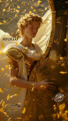 a young man dressed in an ancient greek costume holding a harp surrounded by golden leaves