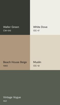 the different shades of paint that are used in this house color scheme, including white dove and