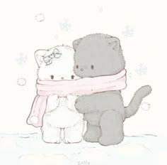 two teddy bears sitting next to each other in the snow with a scarf around their neck