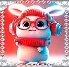 a cartoon character wearing headphones and holding onto a pair of red glasses, with diamonds in the background