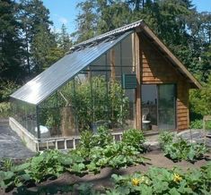 a small wooden house with a greenhouse on the roof and plants growing in front of it