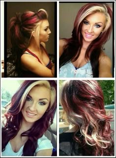 Definitely my next hair color! ❤❤ Shadow Box Hair Color Ideas, Funky Hair Color Ideas For Brunettes, Burgundy With Blonde Money Piece, Bold Fall Hair Colors, Edgy Fall Hair Color, Burgundy Hair With Blonde Money Piece, Plum Hair With Blonde Highlights, New Hair Color Ideas For Blondes