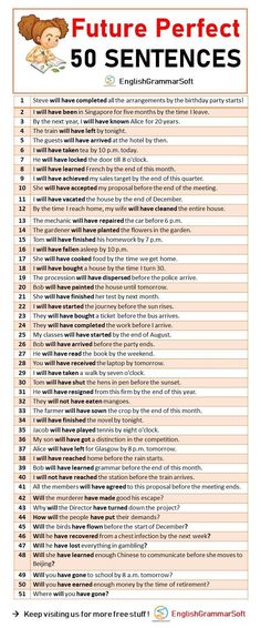 the future perfect 50 sentences list is shown in red and white with an orange background