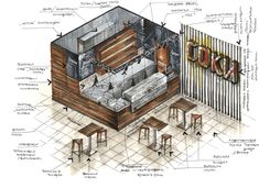 an architectural drawing of a bar with stools and tables