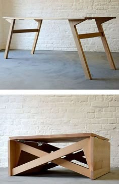 two pictures of a wooden table with one open and the other closed, in front of a white brick wall