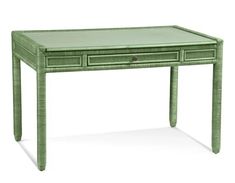 a green desk with two drawers on the top and one drawer at the bottom, in front of a white background