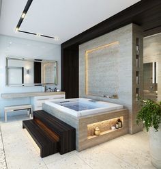 a bathroom with a large jacuzzi tub next to a sink