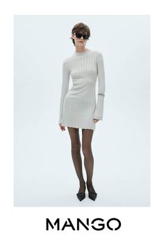 Fine knit fabric, A-line design, Short design, Perkins collar, Long flared sleeve, No closure, Party and ceremony collection, The model is 1.74 tall and is wearing a size 36 Short Design, Womens Knit Dresses, Designer Shorts, Fine Knit, Line Design, High Collar, Knit Dress, The Model, Knitted Fabric