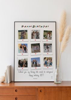 a happy birthday photo frame with photos on it next to a vase filled with flowers