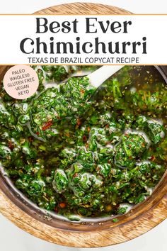 the best ever chimichurri recipe in a bowl with a spoon