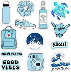 the stickers are all different colors and sizes, including water bottle, camera, backpack,