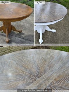 before and after photos of an old dining table with new paint, sanding and stenciling