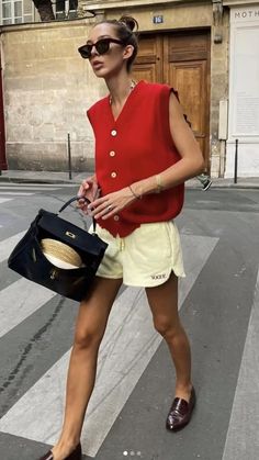 Summer Knits Fashion, Porto Street Style, Vest As Shirt Outfit, Sporty And Rich Photoshoot, Spring Summer Style 2023, Summer In Paris Outfit Parisian Chic, Shorts Loafers Outfit, French Countryside Outfit, Utah Summer Outfit