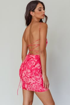 Spring Fever Lace-Up Back Mini Dress Floral Pink by Selfie Leslie Homecoming Dresses Open Back, Pink And Orange Hoco Dress, Camp Dresses, Pretty Sundresses, Hoco 2024, Pink Floral Mini Dress, Hoco Inspo, Hoco Ideas, Silver Strappy Heels