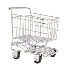 a metal shopping cart with two wheels