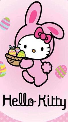 hello kitty holding an easter basket in front of her face with the words hello kitty on it