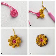 crochet flowers are being worked on with yarn and thread to make a flower ornament