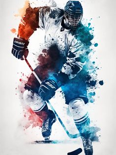 a watercolor painting of an ice hockey player