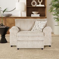 a living room scene with focus on the couch and chair, coffee table and potted plant