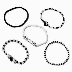 Claire's Black & White "Dream" Seed Bead Stretch Bracelets - 5 Pack Casual Black Friendship Bracelet With Black Beads, Casual Black Friendship Bracelets With Round Beads, Casual Black Round Beads Friendship Bracelets, Casual Black Round Beads Friendship Bracelet, Bracelet Ideas Black And White, Trendy Black Beaded Bracelets With Letter Beads, Casual Black Stretch Bracelet With Letter Beads, Trendy Black Friendship Bracelets With Round Beads, Trendy Black Jewelry With Letter Beads