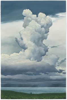 an oil painting of clouds in the sky over a body of water with a person walking on it