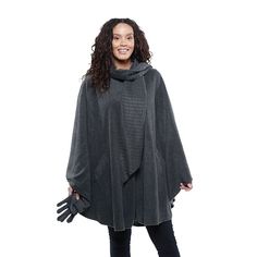 "This cozy cape with an attached scarf is the perfect layer to throw over any outfit to stay nice and cozy. This cozy cape with an attached scarf is the perfect layer to throw over any outfit to stay nice and cozy. 2-button closure Single-layer Midweight fleece Tacked sleeves Includes cape, attached scarf, gloves 2 pocketsFIT & SIZING 50"" W x 37"" L One size fits mostFABRIC & CARE Polyester Machine wash Imported Color: Grey. Gender: female. Age Group: adult." Winter Wool Poncho For Cold Weather, Snug Winter Outerwear For Layering, Snug Fit Winter Outerwear For Layering, Gray Poncho For Cold Weather In Fall, Winter Poncho Cape For Cold Weather, Snug Outerwear For Cold Winter Weather, Wool Cape One Size For Winter, One Size Wool Winter Cape, Cozy Cape For Cold Weather And Fall