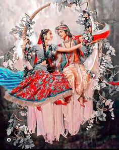 an artistic painting of two women dancing on a circular object with flowers and leaves around it