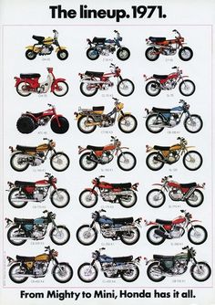 an advertisement for motorcycles from the 1950's and early 1960s's, featuring different models