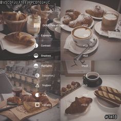 there are many different types of pastries on the table with coffee and croissants