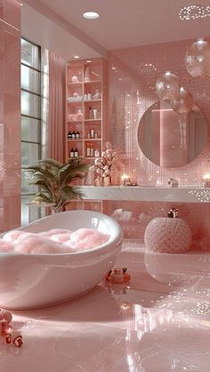 a bath room with a large tub and a mirror