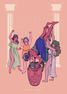 three women are dancing around a vase