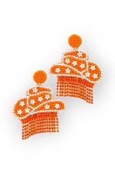 Add some flair to your game day look with the Game Day Orange Cowgirl Hat Earrings . These adorable earrings are perfect whether you're cheering on your team or looking for a great gift. Measuring approximately 2.5 inches in length, these earrings feature orange and white seed beads, star sequin accents, rhinestone tassel trim, felt backing, and gold tone hardware. With their post-style design, they are easy and comfortable to wear throughout the game. Show up to the tailgate in style with these Ruffle Bottom Dress, Pink Print Dress, Hot Pink Tops, Cowgirl Hat, Glamorous Dresses, Pink Maxi, Cowgirl Hats, Gameday Outfit, Mint Blue