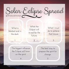 the solar eclipse spread is shown with four different words on it and mountains in the background