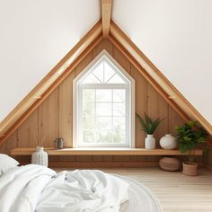 an attic bedroom with white bedding and wood paneled walls, along with potted plants on the window sill