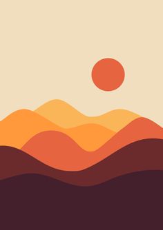 an orange and brown mountain range with the sun in the sky over it's horizon