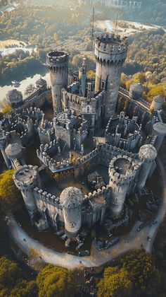 an aerial view of a castle surrounded by trees