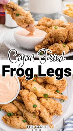 fried frog legs on a plate with dipping sauce in the middle and another photo showing them