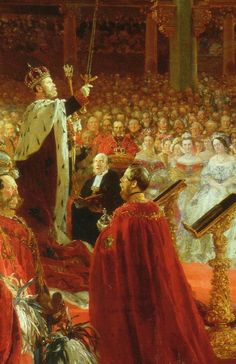 an image of a painting of a king and queen in the middle of a crowd