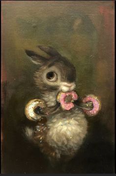 an oil painting of a rabbit holding donuts