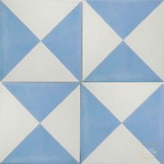 a blue and white tile pattern with diagonals on the bottom, in four different colors