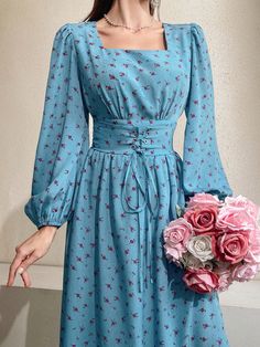 Azul Casual,Bohemio Collar manga larga Tela floral de margarita A línea Embellished Elástico Ligero Primavera/Otoño Floral Print Chiffon Maxi Dress, Linen Summer Outfits, Grommet Dress, Dress Outfits Party, Stylish Fall Outfits