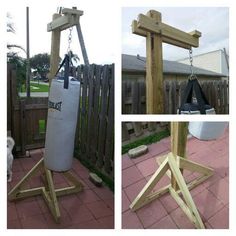 an image of a punching bag on a stand in the back yard with other pictures