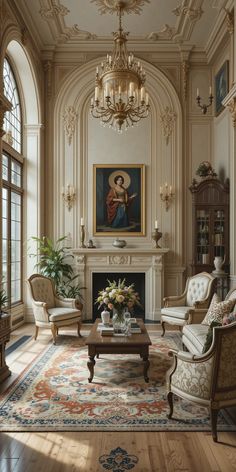 an ornate living room with chandelier and chairs