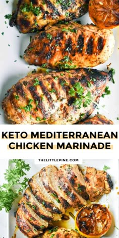 keto mediterraneanan chicken marinade on a white plate with tomatoes and parsley