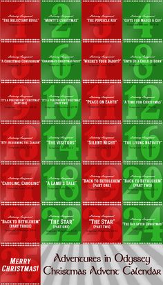 the christmas calendar is shown in red, green and white with numbers for each month