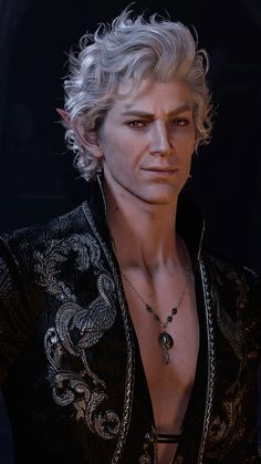 a man with white hair wearing a black shirt and silver necklace on top of his chest